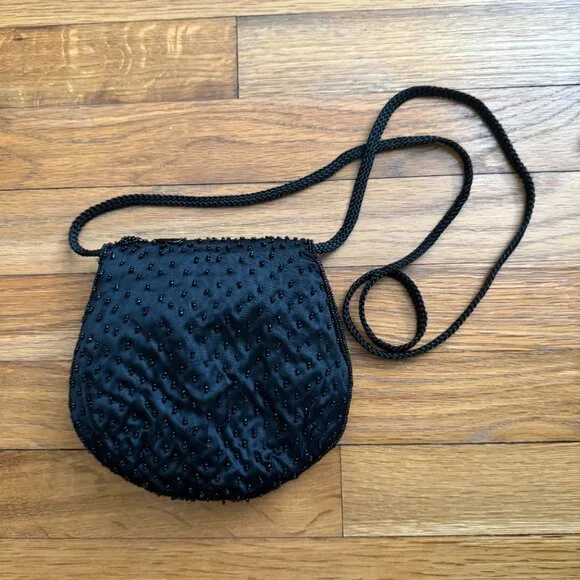 Vintage La Regale Black Beaded Small Mini Purse with Long Shoulder Strap - Picture 7 of 7